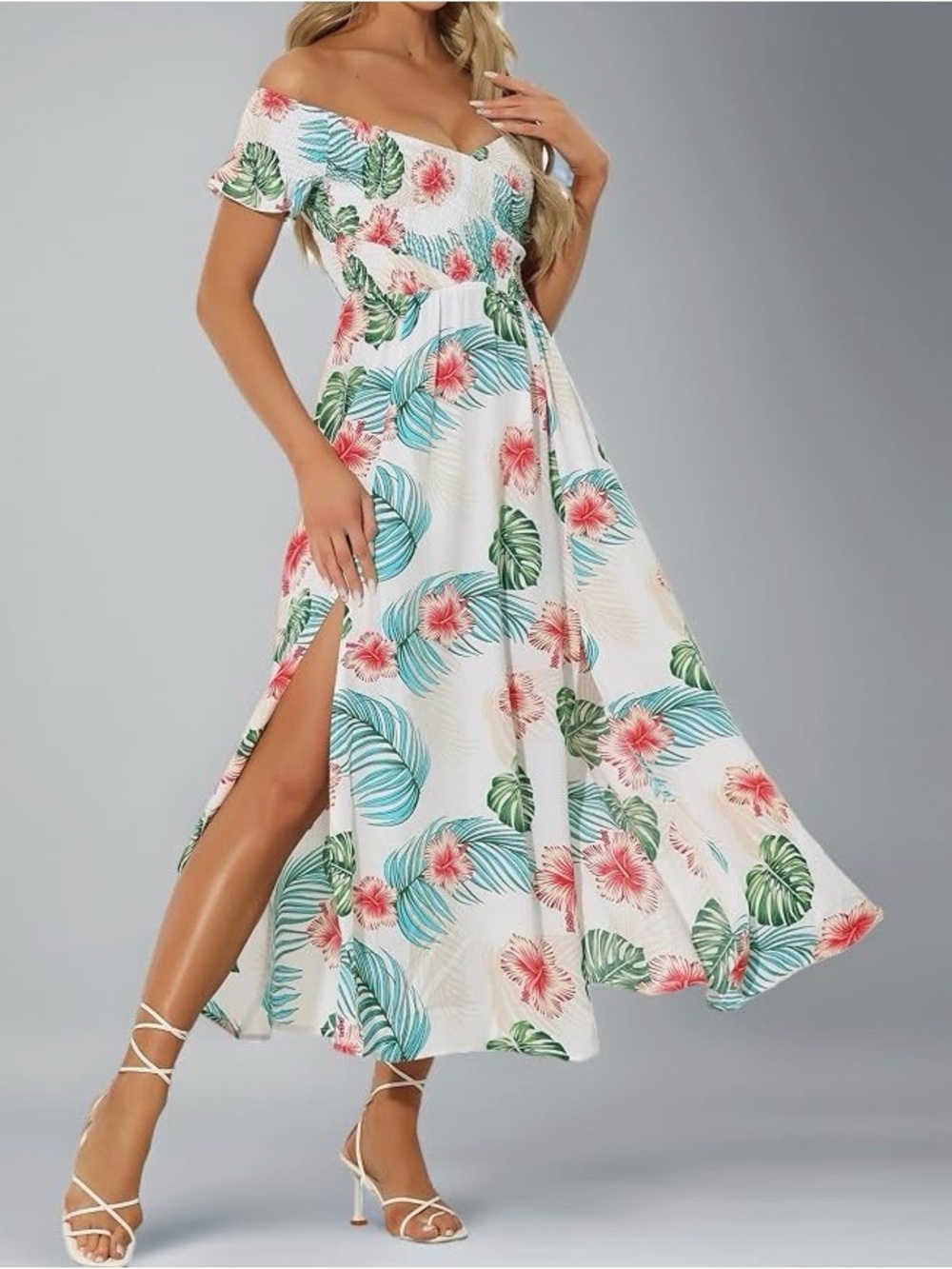 Allegra K Women Off Shoulder V Neck Floral Tropical Maxi Beach Dress, Size S